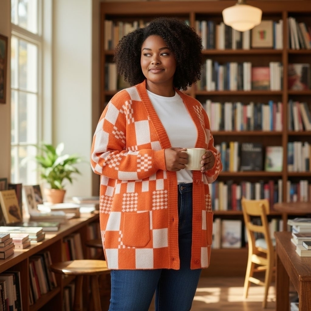 Bold Orange and White Checkered Sweater Cardigan Jade by Jane University Of Tenn